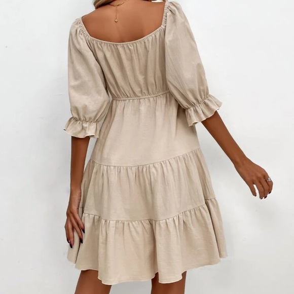 Boho gypsy sweetheart neck puff short sleeve mini dress tan neutral ruffle - Picture 2 of 2